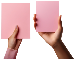 A light pink blank card to add your own text held up by hand