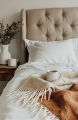 Cozy bedroom with coffee and blanket