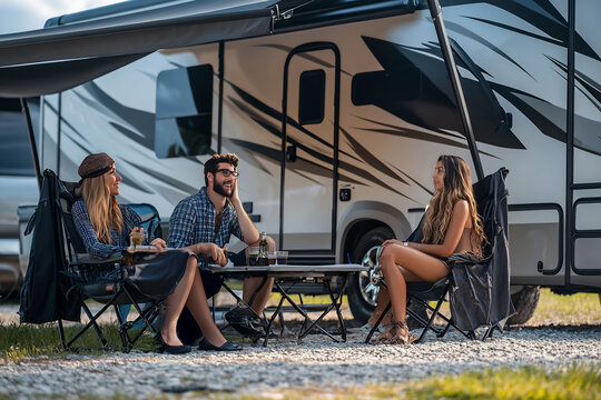 Friends by camper at sunset