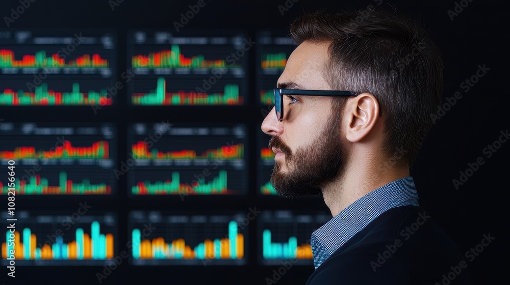 Poster a focused man with glasses analyzing financial graphs displayed on screens behind him, showcasing da