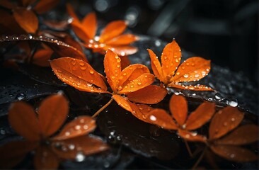 Drops of water on orange fallen leaves. Contrasting beautiful autumn wallpaper