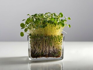 Tray with sprouted microgreens on a white background. Diet healthy food