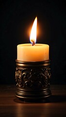 A lonely candle burns in a metal antique candlestick on a dark background. Close-up photo