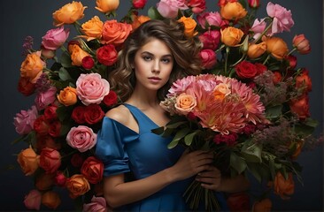 A young beautiful woman holds a bouquet of flowers in her hands. Roses in the background