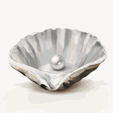 Pearl in seashell. Open seashell scallop oyster and pearl shell icon. Beautiful pearl in clam shell in cartoon flat style. Vector illustration isolated on white background
