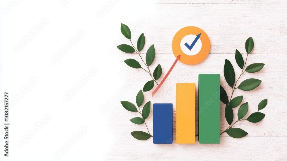 Aufkleber a colorful representation of growth metrics with bar charts and a checkmark, surrounded by green lea