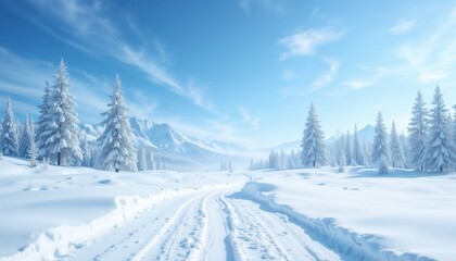 Obraz premium Snow-covered winter landscape with a clear blue sky and pine trees