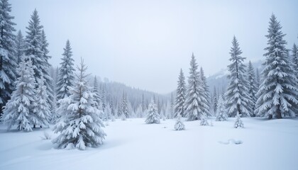 Naklejka premium Snow-covered winter landscape with a clear blue sky and pine trees