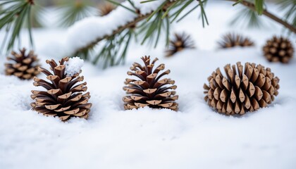 Pine cones covered with snow in a winter landscape