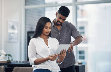 Employees, team and tablet for feedback in office, project management and online for public...
