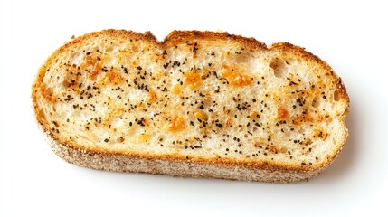 Garlic bread slice with parsley on white background.