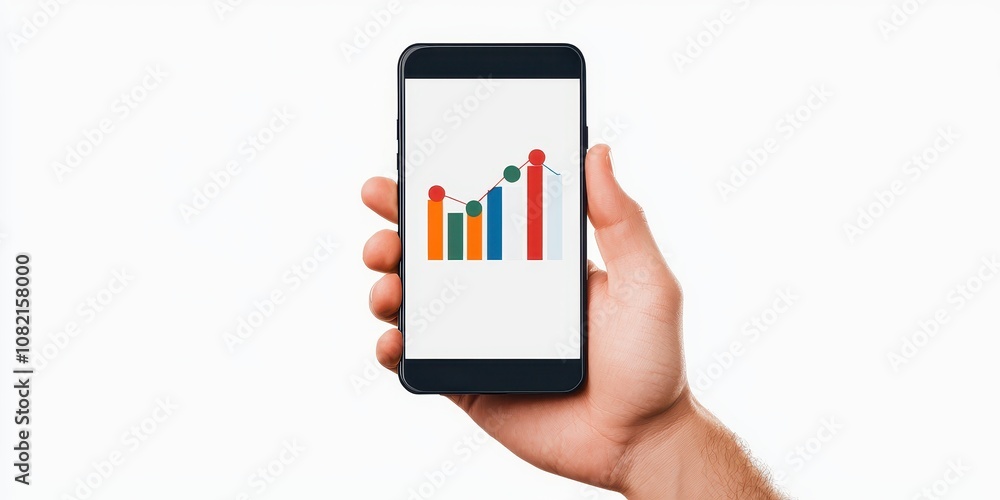 Poster a hand holds a smartphone displaying a vibrant bar graph, symbolizing growth, data analysis, and dig