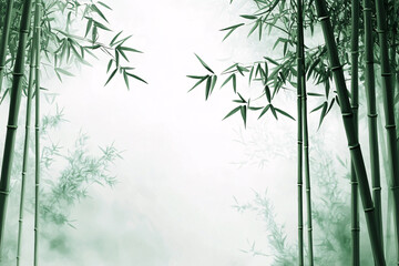Naklejka premium A misty bamboo forest with tall green stalks and delicate leaves surrounding a soft white opening in the center 