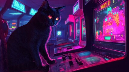 Cat at retro arcade, retro futuristic illustration