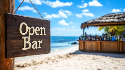 Open Bar Paradise: Tropical beach bar with a welcoming "Open Bar" sign hanging invitingly, perfect for vacation, relaxation, and summer fun.  
