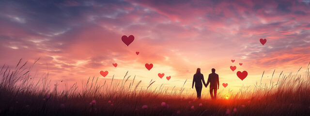 Obraz premium Idyllic Sunset With Couple And Heart Balloons In Open Field