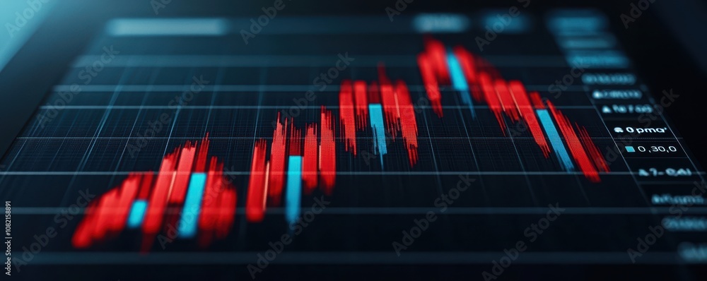 Poster a close-up of a digital stock market chart showing a fluctuating line graph in red and blue against 