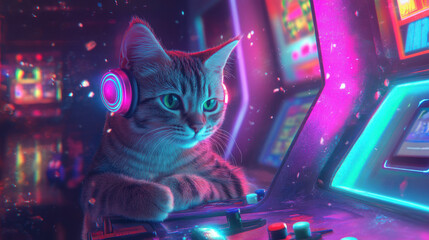 Cat at retro arcade, retro futuristic illustration