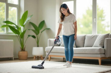 Young asian woman in casual attire using a cordless vacuum cleaner on a carpet in the bright, minimalist living room with house plants. 