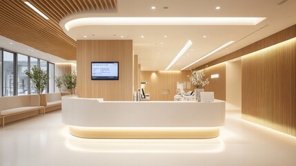 A hospital service counter with a simple design using white and natural wood tones, with a digital display screen for news updates and service information.