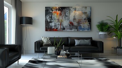 A modern living room with a sleek, minimalist black leather sofa, a glass coffee table, and abstract decor accents.