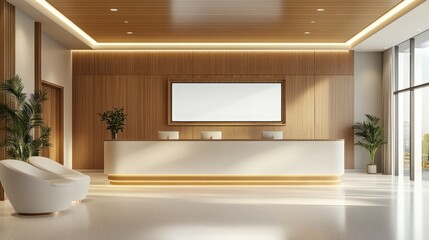 Fototapeta premium A hospital service counter with a simple design using white and natural wood tones, with a digital display screen for news updates and service information.