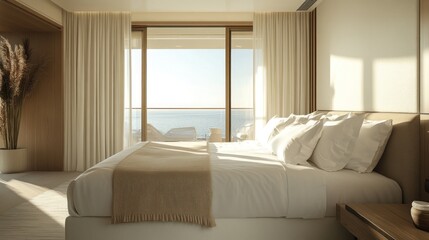 A hotel bedroom in white and beige tones has a large bed with matching pillows. The walls are decorated with a sea view and natural light from a large window.