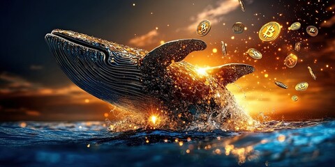 A giant whale emerging from a digital ocean with Bitcoin logos embedded on its skin, symbolizing the power and dominance of large investors dictating the Bitcoin market.