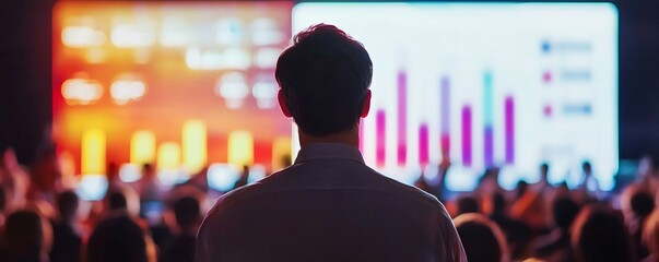 Business Presenter Giving Talk at Corporate Conference with Data Metrics Display