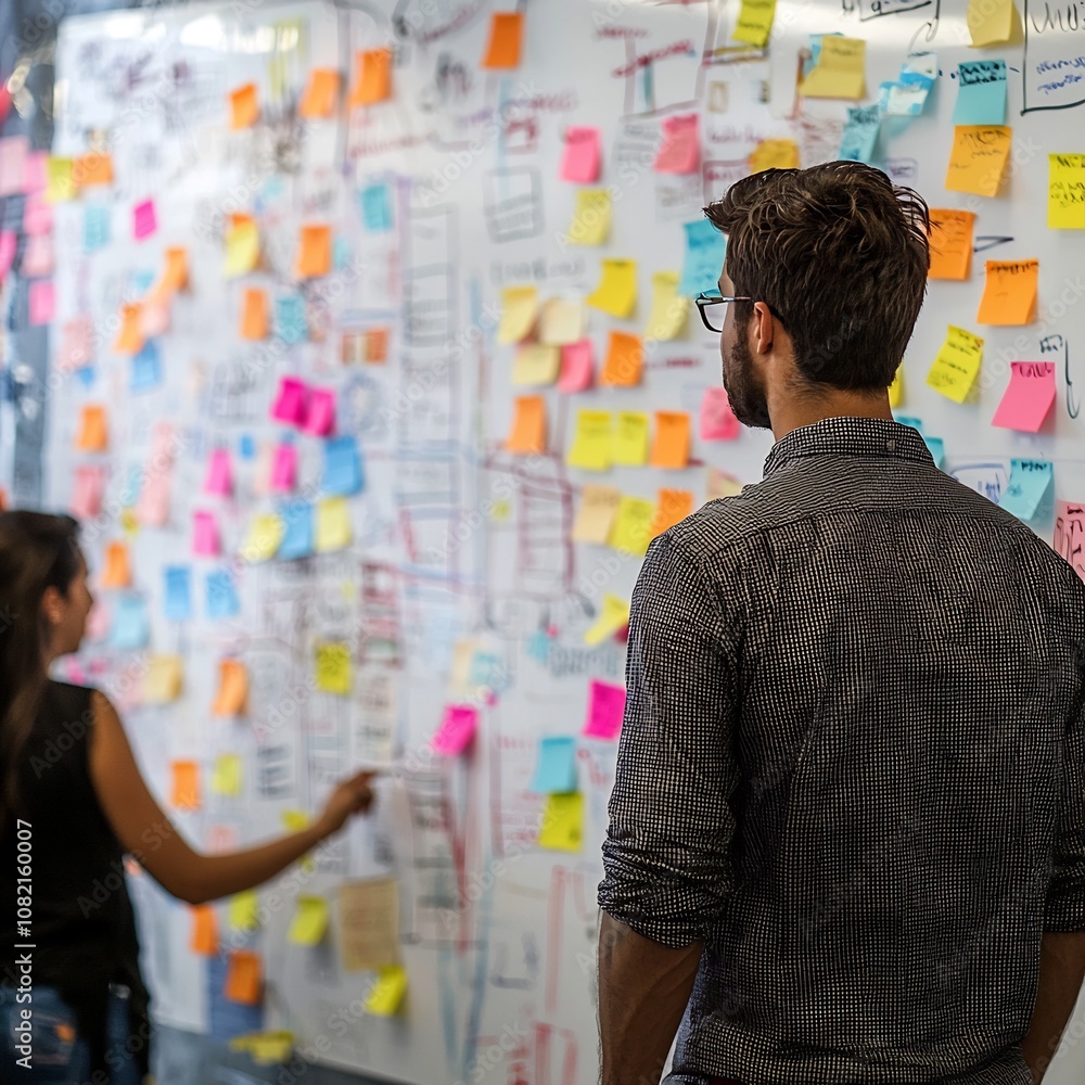 Poster diverse tech startup team brainstorming on whiteboard with notes
