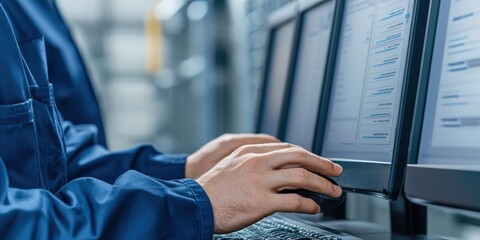 A person in a blue jacket uses multiple computer monitors, focusing on data, in a high-tech workspace.