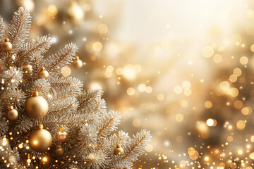 金色の飾りで飾られたクリスマスツリーのクローズアップ写真。