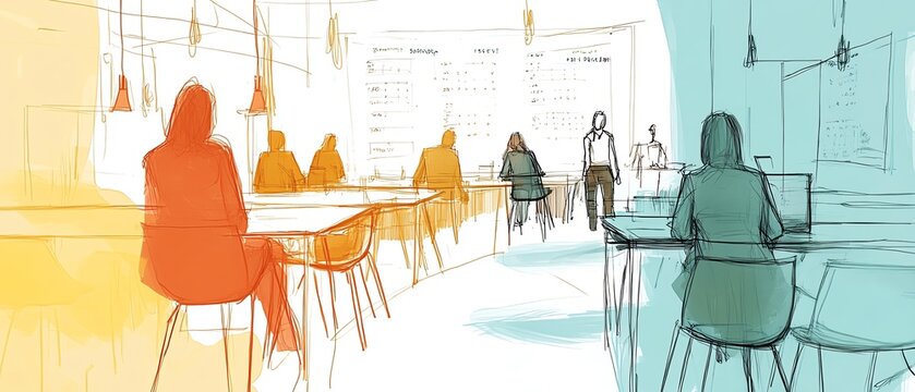 Minimalist line art of employment workshops, calendar with scheduled events, soft colors, clean composition