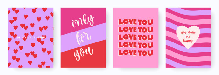 Modern minimalist abstract design of Valentines Day cards set. Simple love concept templates for celebration with hearts and typography. Trendy backgrounds for print, card, poster, banner, ads, cover