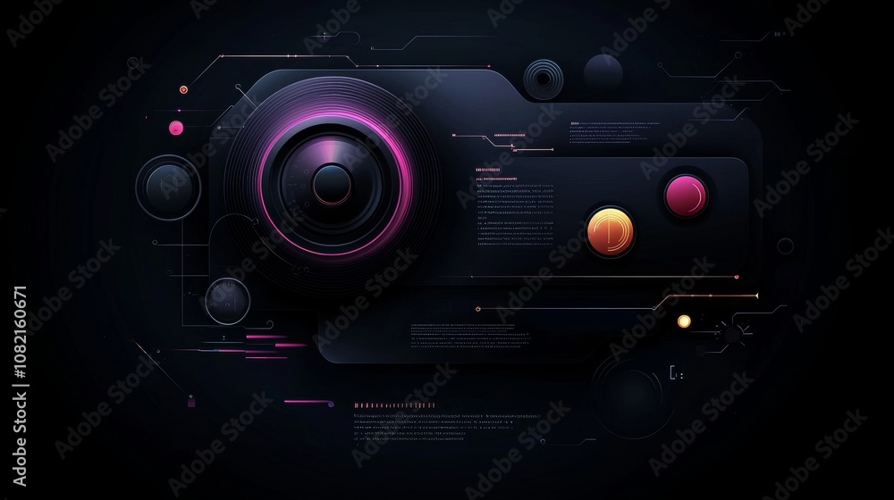 Poster the flat 2d ui features neon blue and purple gradient color circuit lines, which are minimalistic an