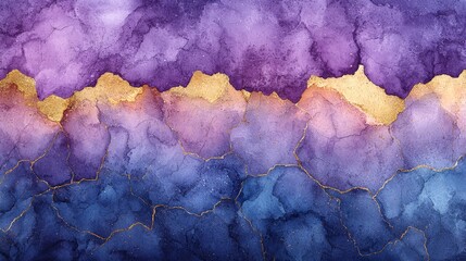 Abstract watercolor design featuring purple, blue, and gold hues with a textured appearance.