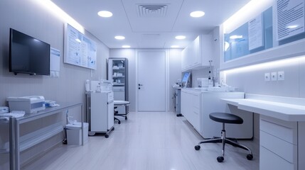 A minimal examination room in a clinic decorated with medical equipment and white desks. The walls are decorated with health information and bright lights throughout the area.
