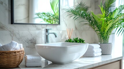Fototapeta premium A modern bathroom decorated with marble tiles and a square sink. A large mirror makes the room look spacious and airy.