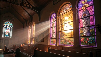 Fototapeta premium Morning light streaming through stained glass windows in a tranquil church setting
