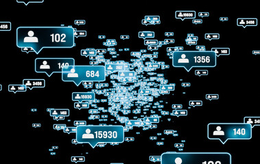 Social media symbols, followers with rising numbers of activitiy. Internet, Social Media App, online activities.
