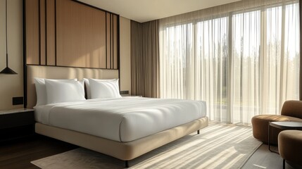 A modernly designed room with a large bed and light-colored curtains. Glass walls let in natural light, creating an airy atmosphere.