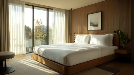 A modernly designed room with a large bed and light-colored curtains. Glass walls let in natural light, creating an airy atmosphere.