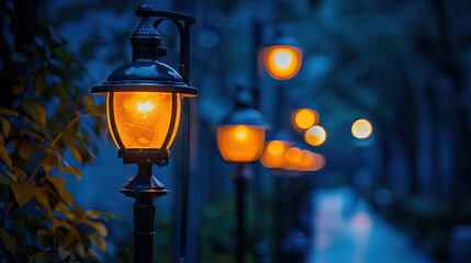 Row of Vintage Street Lamps Illuminating Pathway at Dusk with Warm Glow