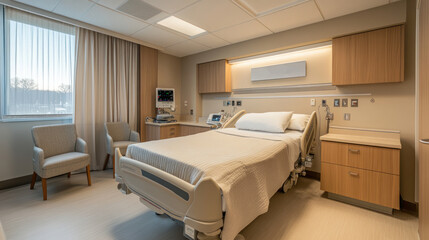 A patient room with an adjustable bed and extra chair for visitors. The walls are fitted with treatment information boards and light-colored curtains to enhance comfort.