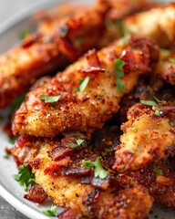 Close-Up of Crispy Breaded Chicken Tenders with Bacon and Fresh Parsley Garnish