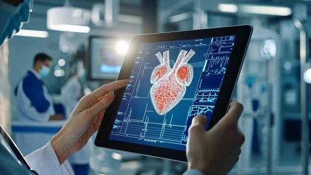 A doctor examines a digital heart scan on a tablet in a hospital setting