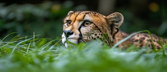 Obraz premium A cheetah lies low in the grass, intensely focused on its surroundings, ready to pounce while basking in the warmth of the afternoon sun