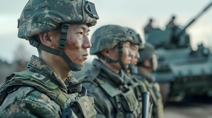 Fototapeta premium Soldiers in military uniforms stand alert during training exercises near armored vehicles at sunset