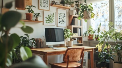 A small office decorated in a Scandinavian style, using white tones and natural wood. Decorated with potted plants and wall art