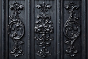 Black Wooden Panel with Intricate Carved Floral Design
